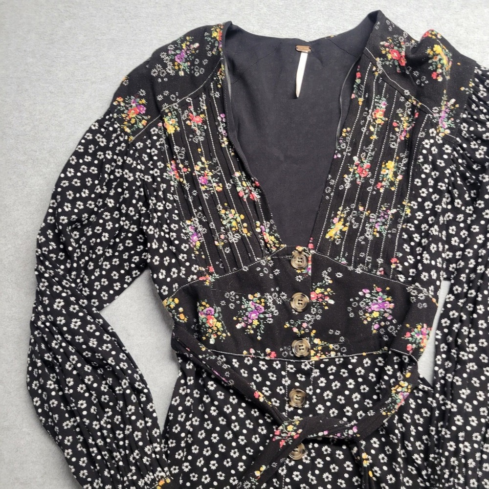Free People Wonderland Mixed Floral Button Front Mini Dress Black Long Sleeve XS - Picture 3 of 11